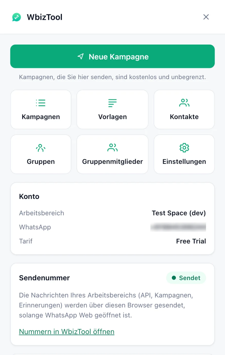 Das Wbiztool-Panel in WhatsApp Web: die Schaltfläche Neue Kampagne und die Werkzeug-Schaltflächen, das Feld Konto mit Arbeitsbereich und Tarif und das Feld Sendenummer mit dem Status Sendet