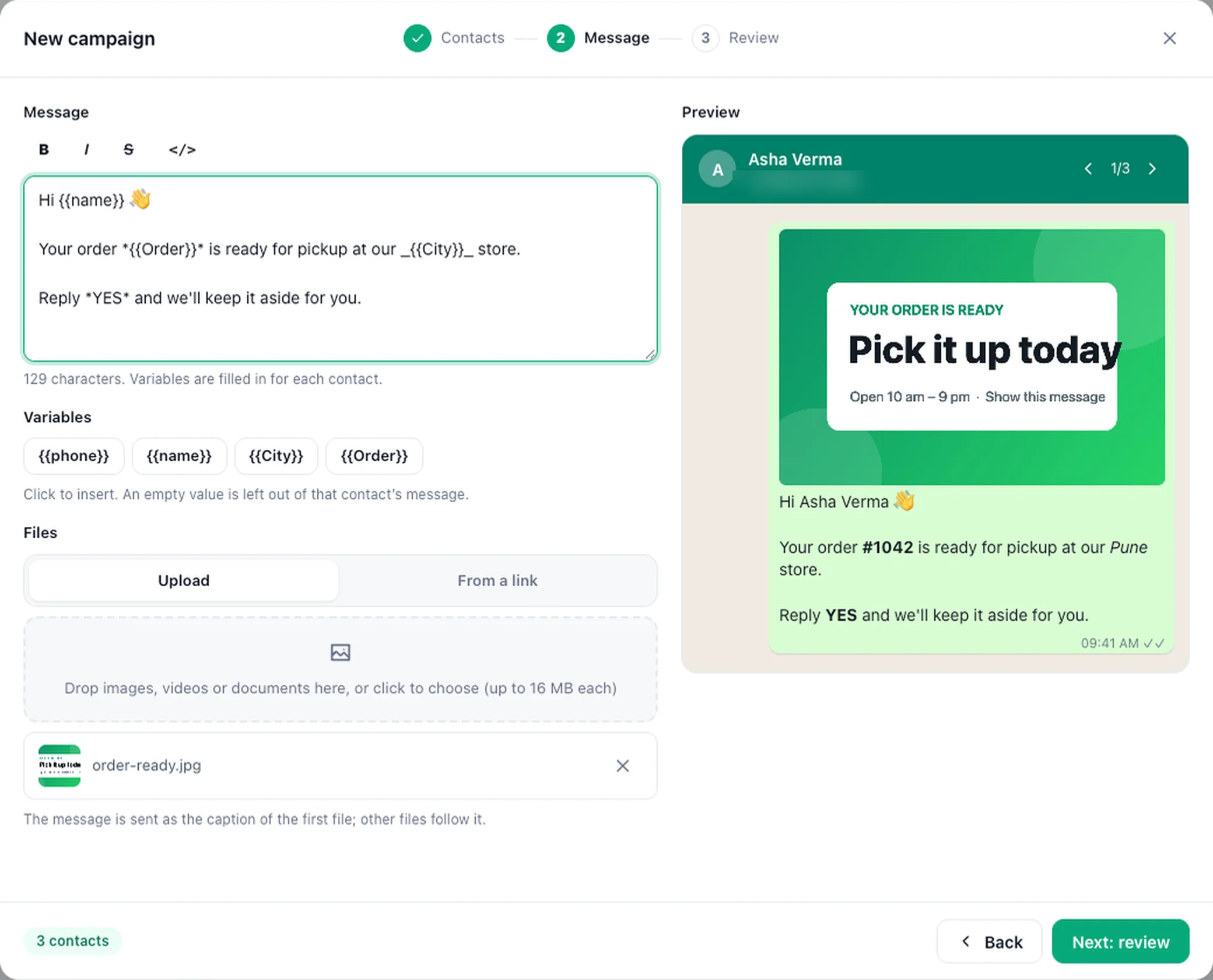 The New campaign window on the Message step: a message with the variables name, Order and City, an attached image, and a WhatsApp preview of the message for the first contact