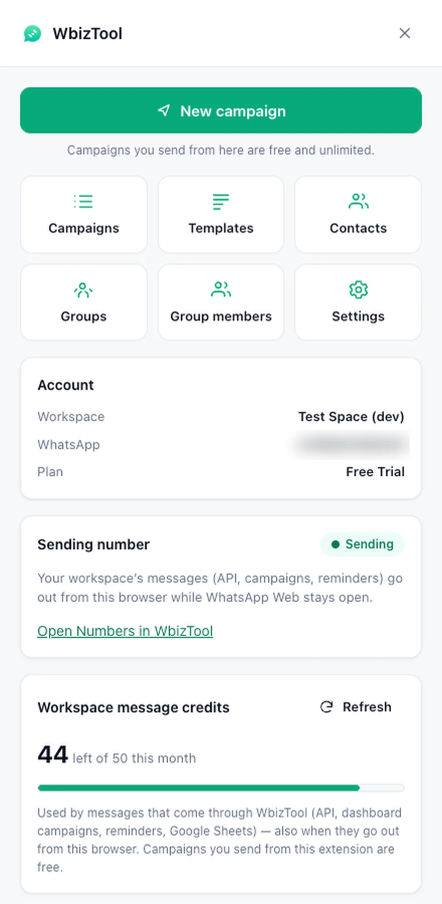 The Wbiztool panel in WhatsApp Web: New campaign and the tool buttons, the Account box with the workspace and plan, the Sending number box marked Sending, and the workspace's message credits
