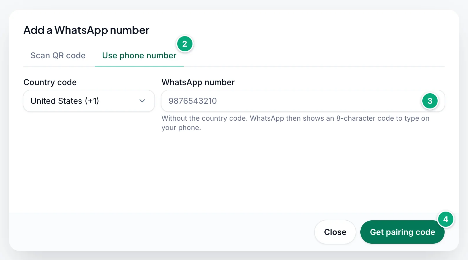 The Add a WhatsApp number window on the Use phone number tab, with the Country code list, the WhatsApp number field and the Get pairing code button, marked 2 to 4