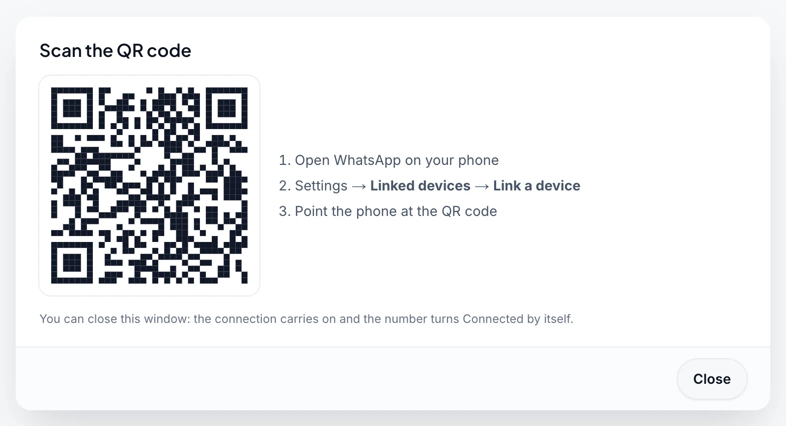 The Scan the QR code window: a QR code next to the steps Open WhatsApp on your phone, Settings → Linked devices → Link a device, and Point the phone at the QR code