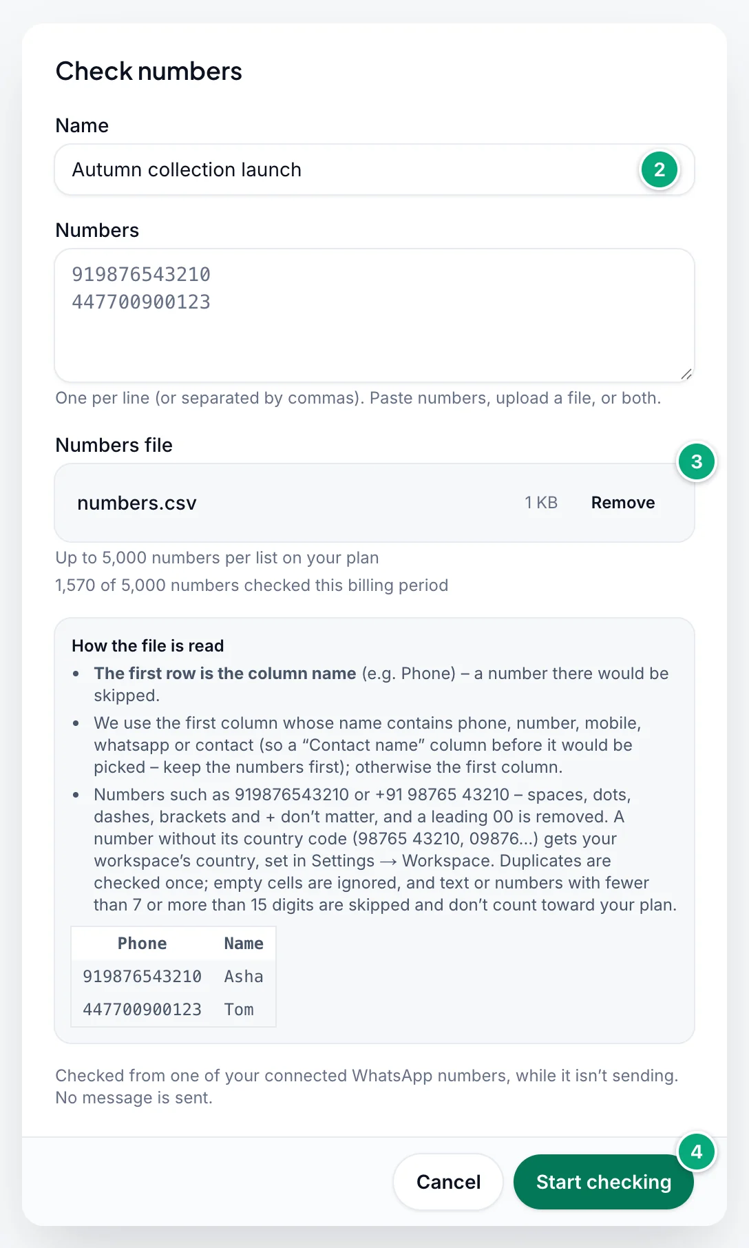 The Check numbers dialog with a name typed in (2), numbers.csv added under Numbers file (3), the plan's limits, the rules for reading the file and the Start checking button (4)