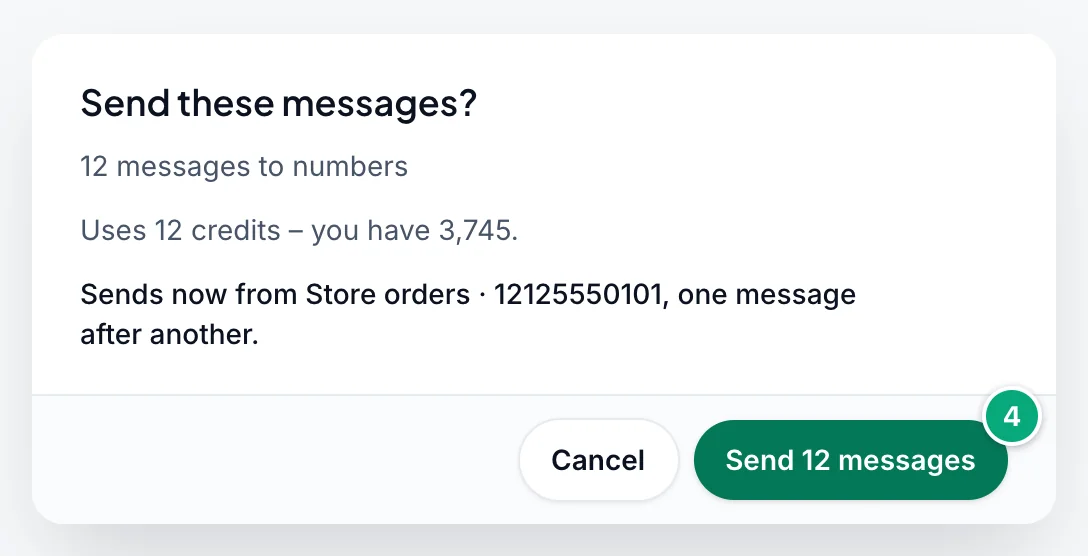 The Send these messages? dialog: 12 messages to numbers, the credits they use, the sending number, and ④ on the Send 12 messages button