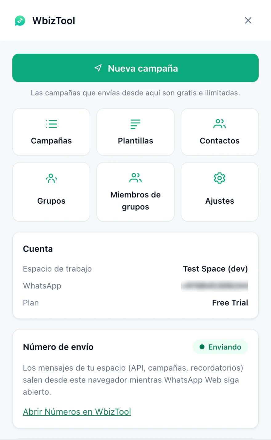 El panel de Wbiztool en WhatsApp Web: el botón Nueva campaña y los de las herramientas, el cuadro Cuenta con el espacio de trabajo y el plan, y el cuadro Número de envío marcado como Enviando
