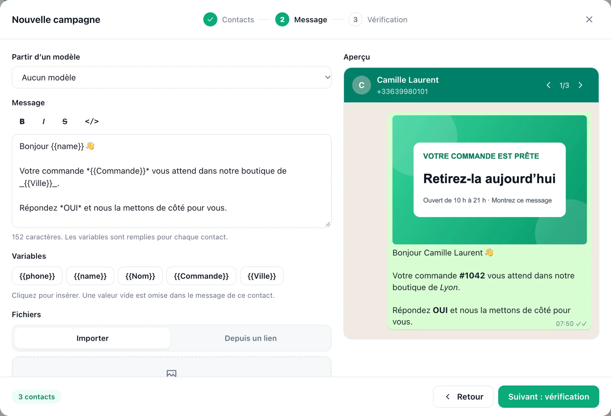 La fenêtre Nouvelle campagne à l'étape Message : un message avec les variables name, Commande et Ville, une image jointe et un aperçu WhatsApp du message pour le premier contact