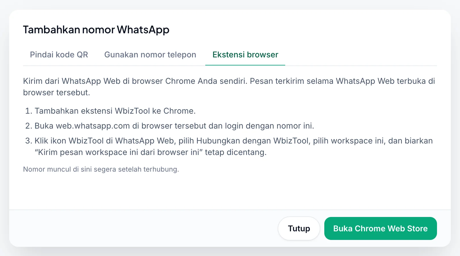 Jendela Tambahkan nomor WhatsApp di tab Ekstensi browser: tiga langkah untuk menambahkan ekstensi, membuka WhatsApp Web, dan menghubungkan, serta tombol Buka Chrome Web Store