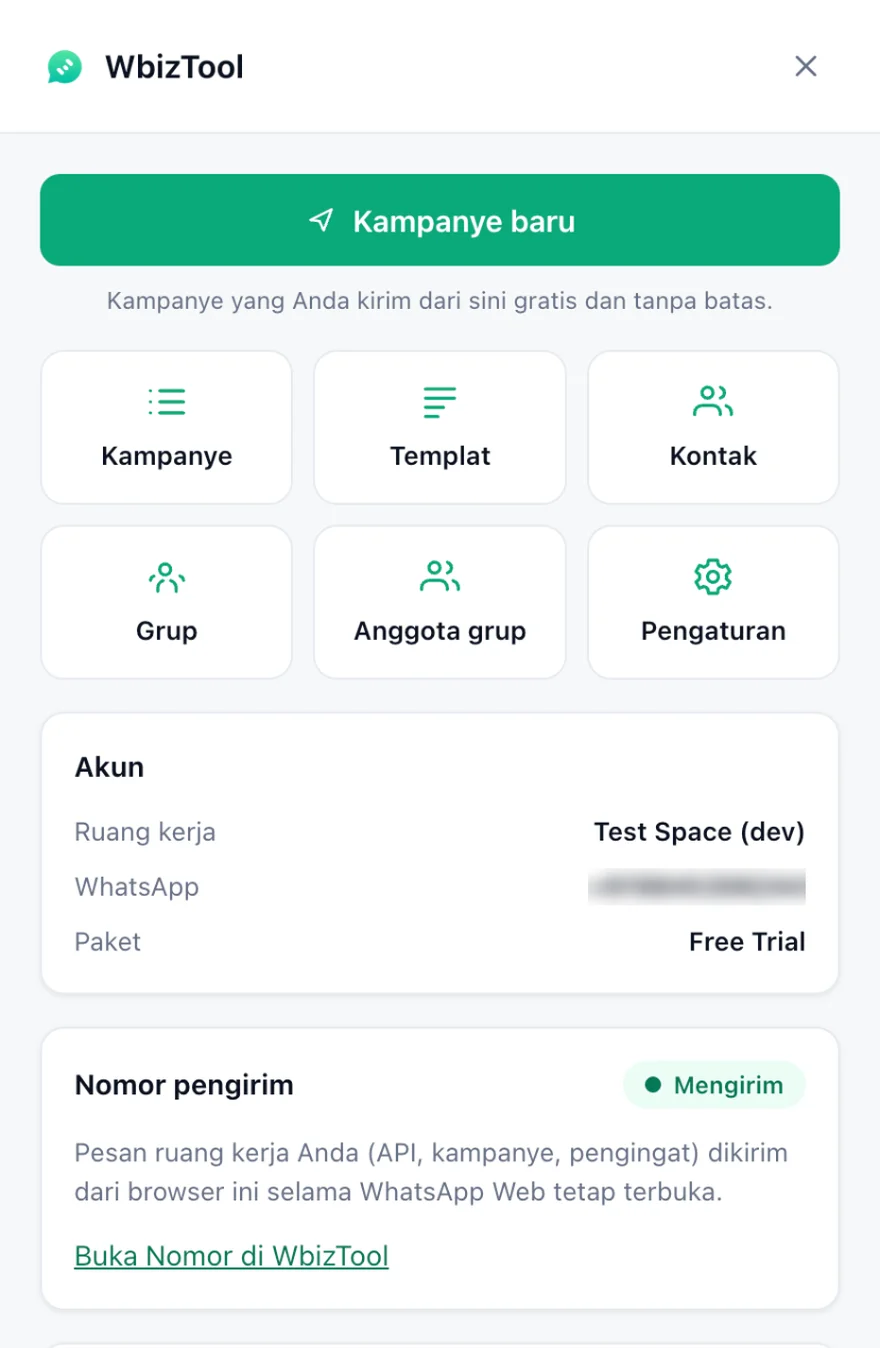Panel Wbiztool di WhatsApp Web: tombol Kampanye baru dan tombol-tombol alat, kotak Akun dengan workspace dan paketnya, dan kotak Nomor pengirim berstatus Mengirim