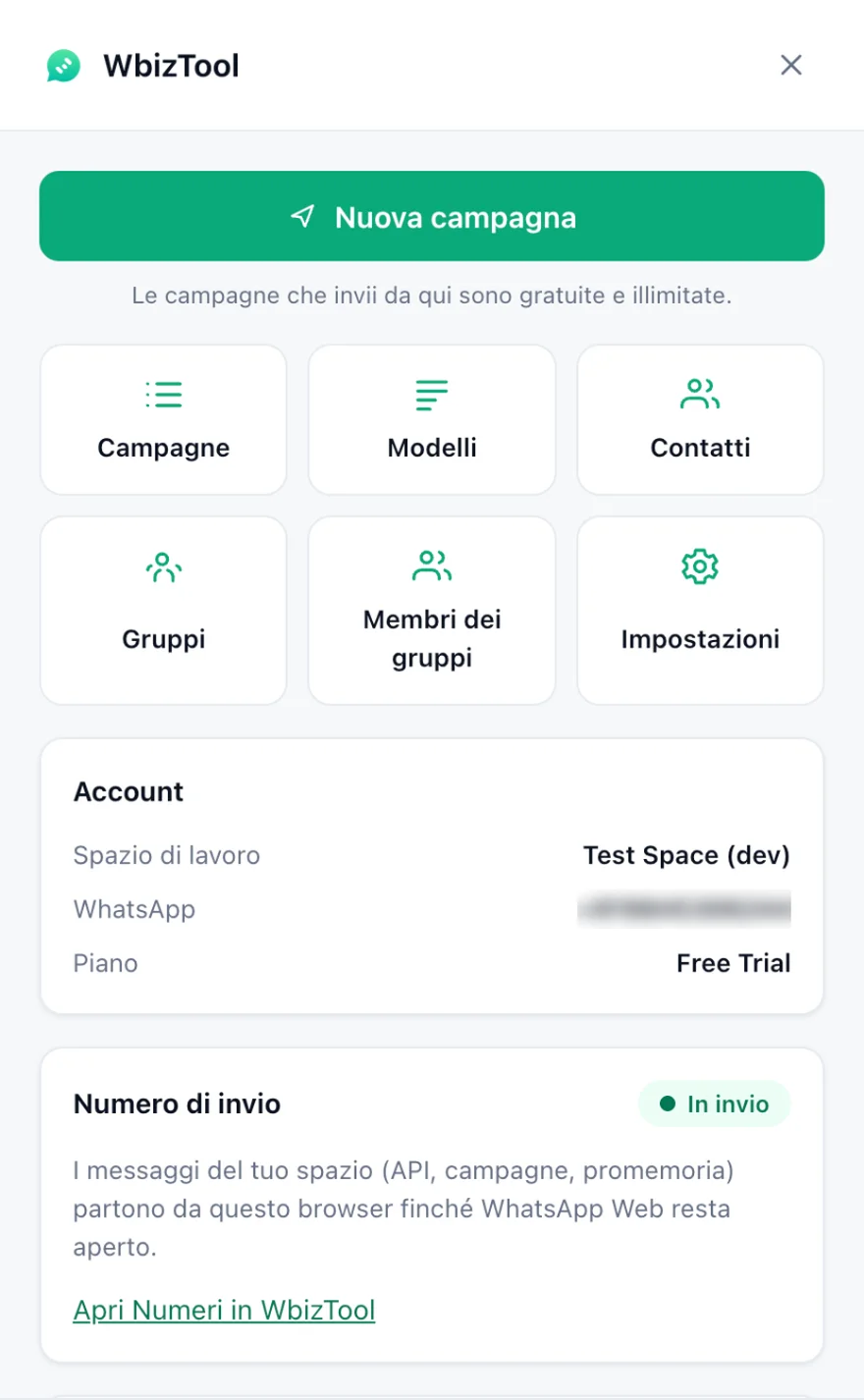 Il pannello Wbiztool in WhatsApp Web: il pulsante Nuova campagna e quelli degli strumenti, il riquadro Account con lo spazio di lavoro e il piano, e il riquadro Numero di invio con lo stato In invio