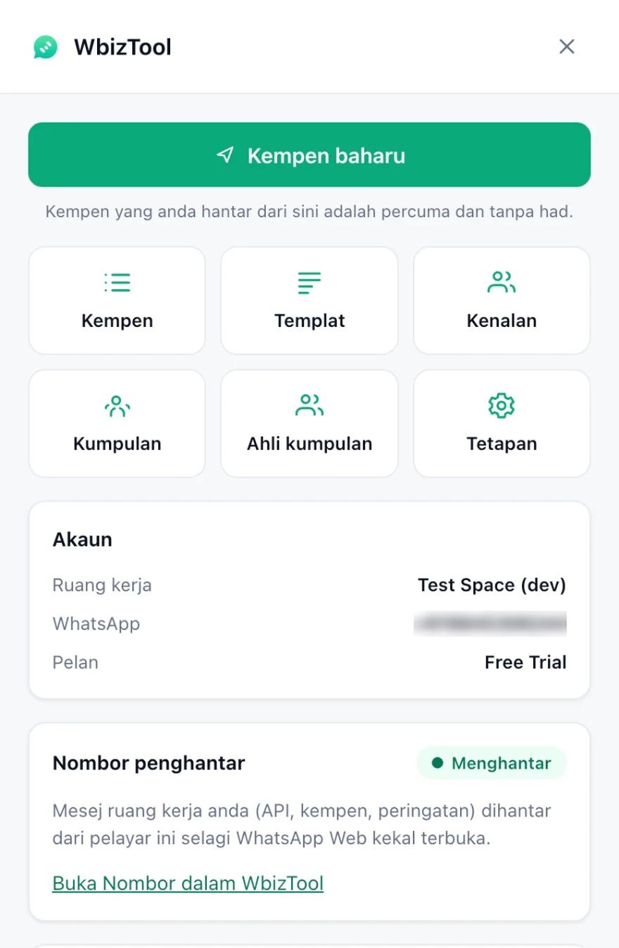 Panel Wbiztool dalam WhatsApp Web: butang Kempen baharu dan butang alat, kotak Akaun dengan ruang kerja dan pelan, dan kotak Nombor penghantar yang ditandakan Menghantar