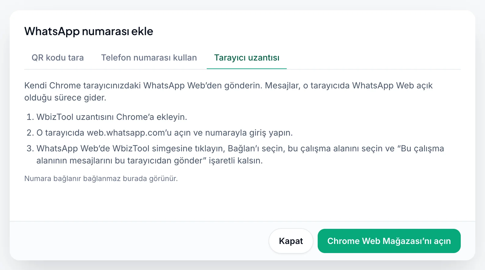 Tarayıcı uzantısı sekmesinde WhatsApp numarası ekle penceresi: uzantıyı ekleme, WhatsApp Web'i açma ve bağlama için üç adım ile Chrome Web Mağazası’nı açın düğmesi